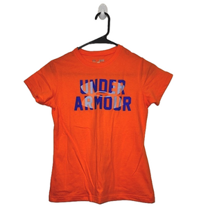 UNDER ARMOUR Heat Gear Orange T-Shirt with Logo and “Under Armour” in Dark Blue